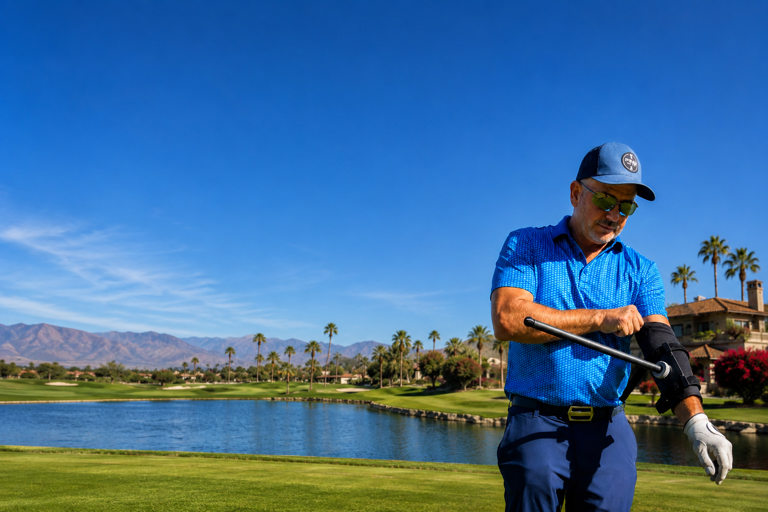 A man wearing a blue polo shirt, blue pants, a blue cap, and a white golf glove is standing on a golf course near a water feature, holding a golf club. The background features a scenic view of mountains, palm trees, and a clear blue sky.