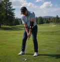 Man playing golf on a green course with golf training aid and trees and mountains in the background