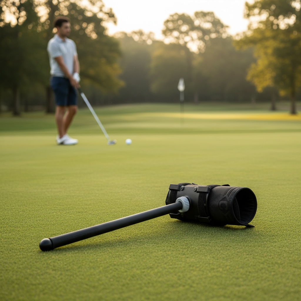 Golf course with a camera on the grass and a golfer in the background.
