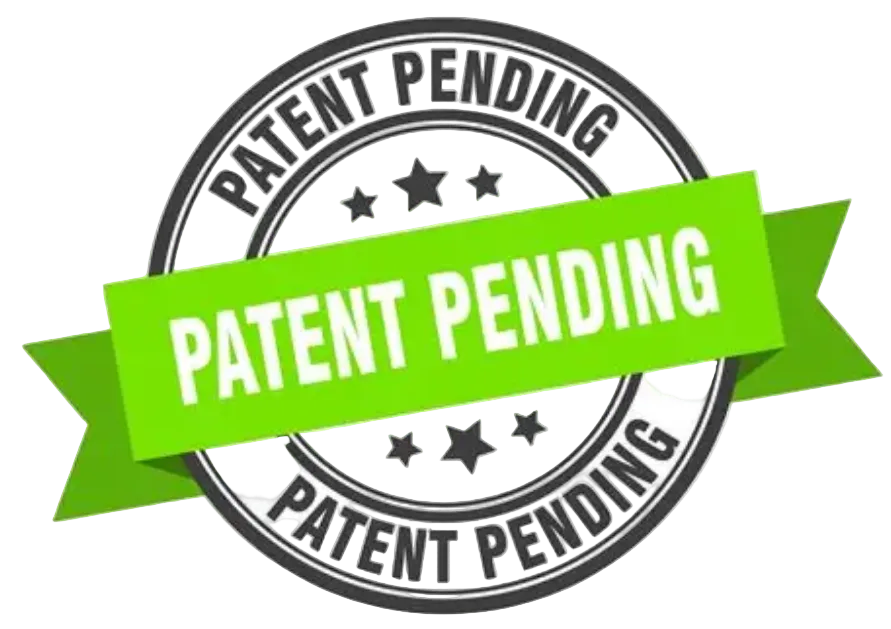 Patent pending stamp with green banner on a white background