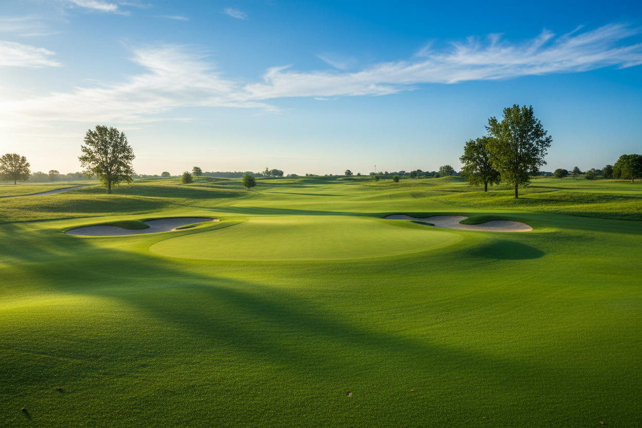A scenic golf course landscape with rolling green fairways, sand bunkers, scattered trees, and a bright blue sky with wispy white clouds.